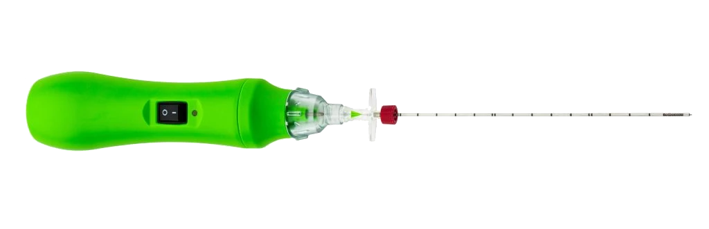 A green electric pump featuring a prominent red handle, designed for efficient fluid transfer.